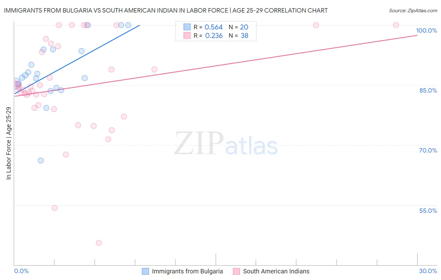 Immigrants from Bulgaria vs South American Indian In Labor Force | Age 25-29
