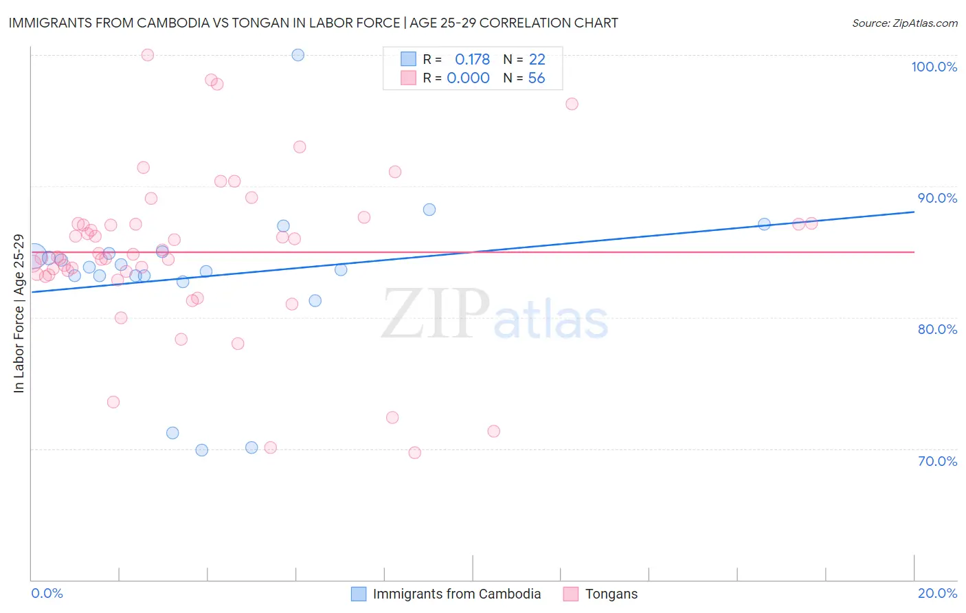 Immigrants from Cambodia vs Tongan In Labor Force | Age 25-29