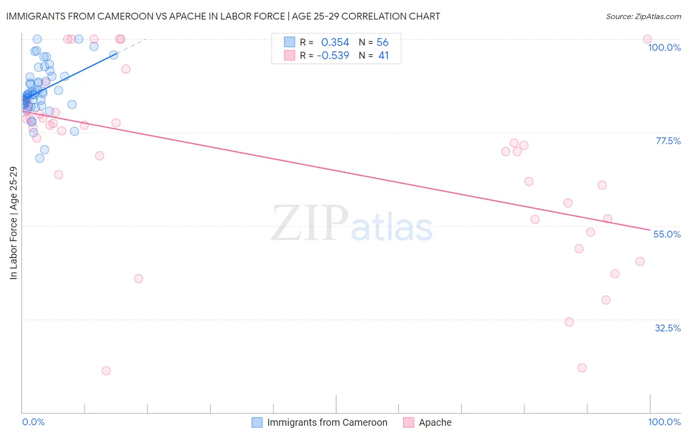 Immigrants from Cameroon vs Apache In Labor Force | Age 25-29