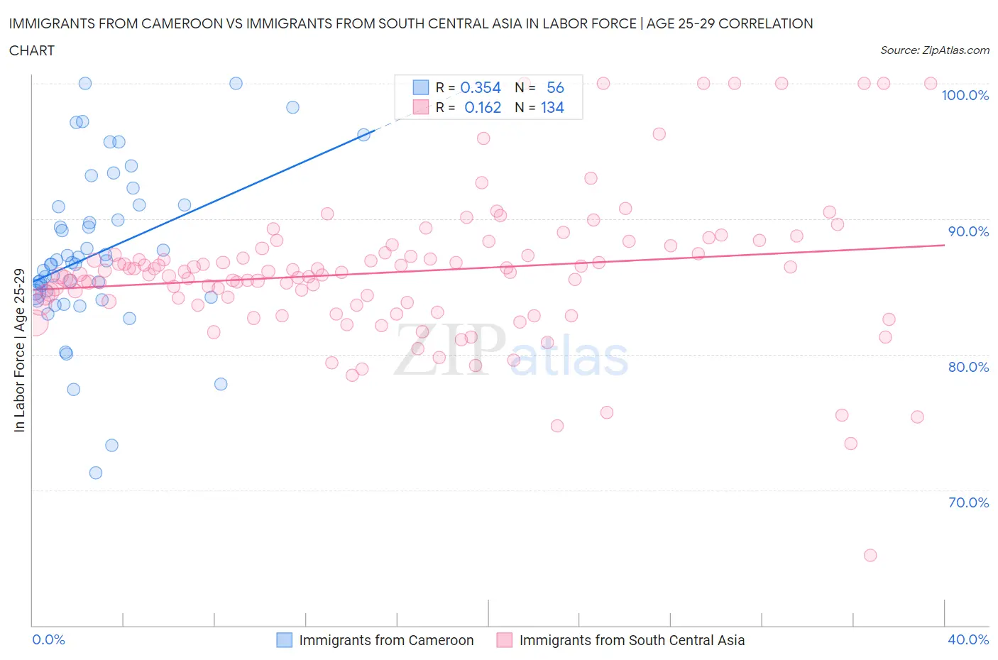 Immigrants from Cameroon vs Immigrants from South Central Asia In Labor Force | Age 25-29