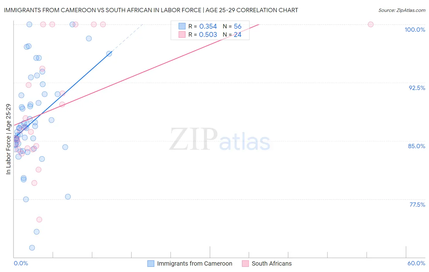 Immigrants from Cameroon vs South African In Labor Force | Age 25-29