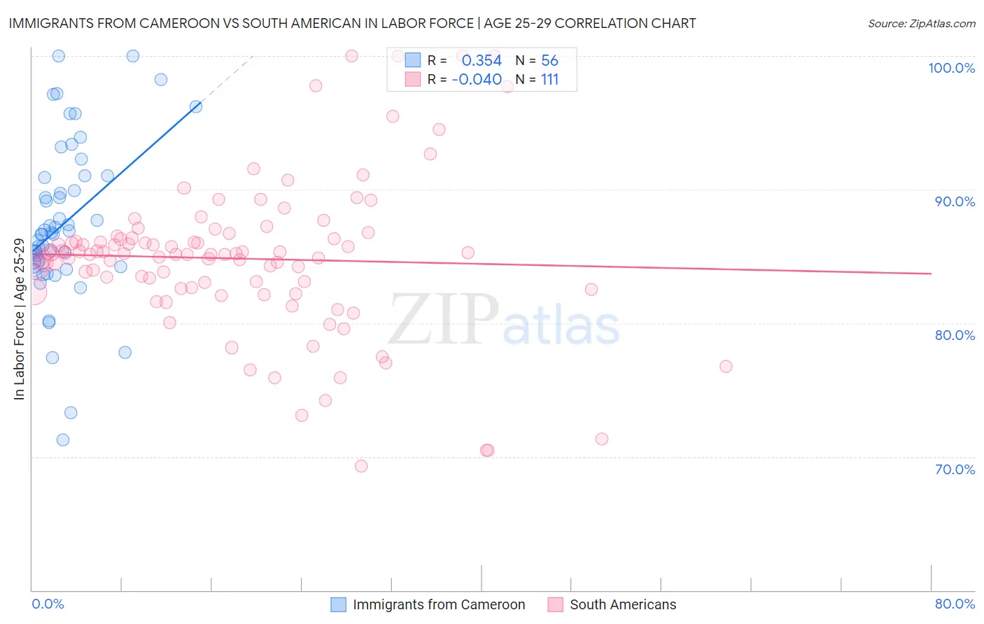 Immigrants from Cameroon vs South American In Labor Force | Age 25-29