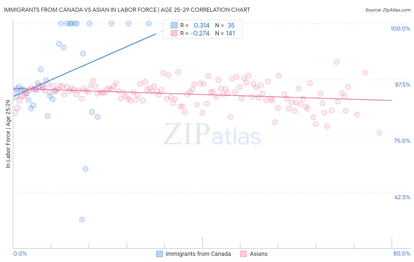 Immigrants from Canada vs Asian In Labor Force | Age 25-29