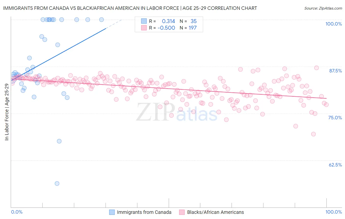 Immigrants from Canada vs Black/African American In Labor Force | Age 25-29