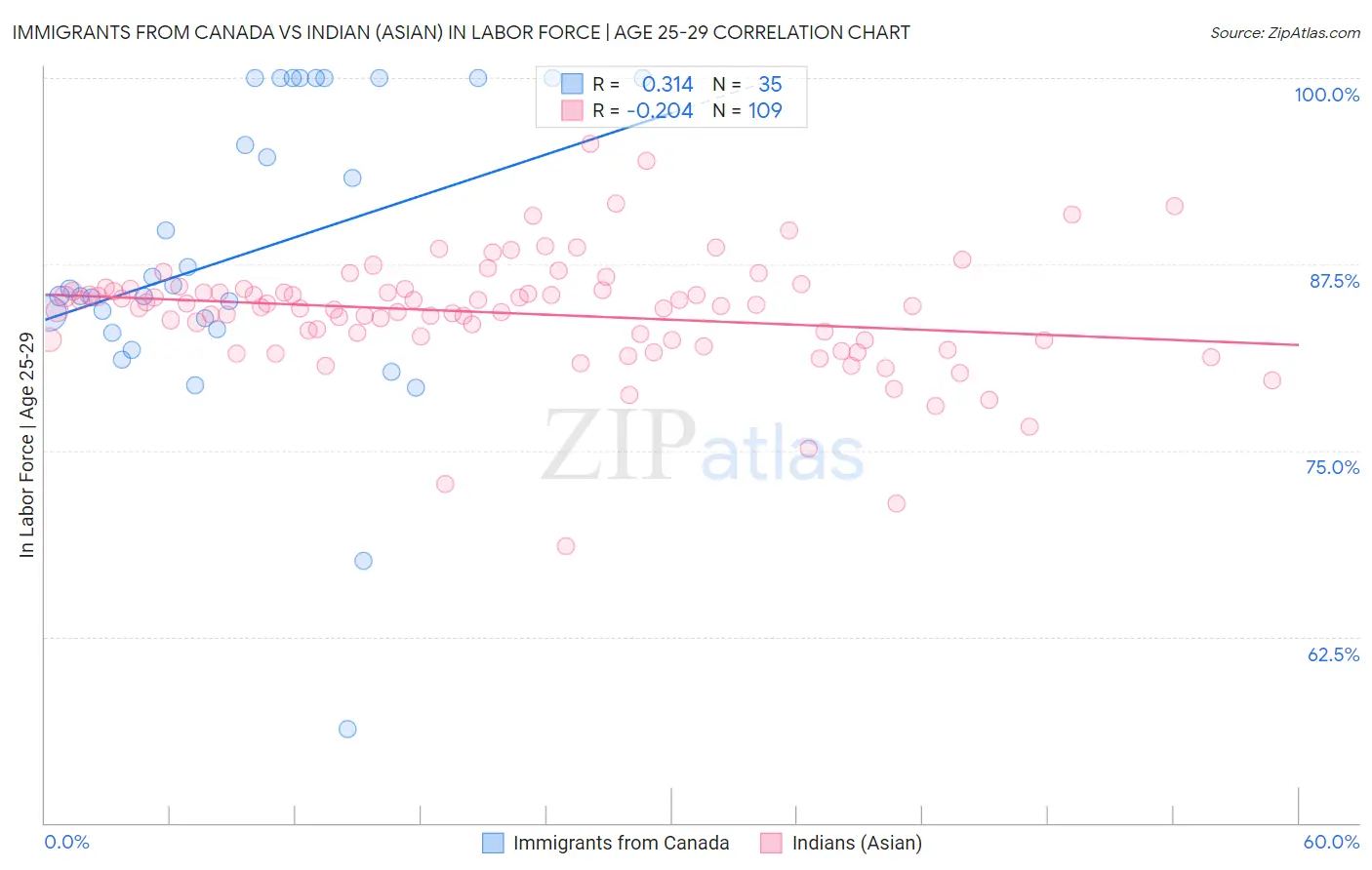 Immigrants from Canada vs Indian (Asian) In Labor Force | Age 25-29