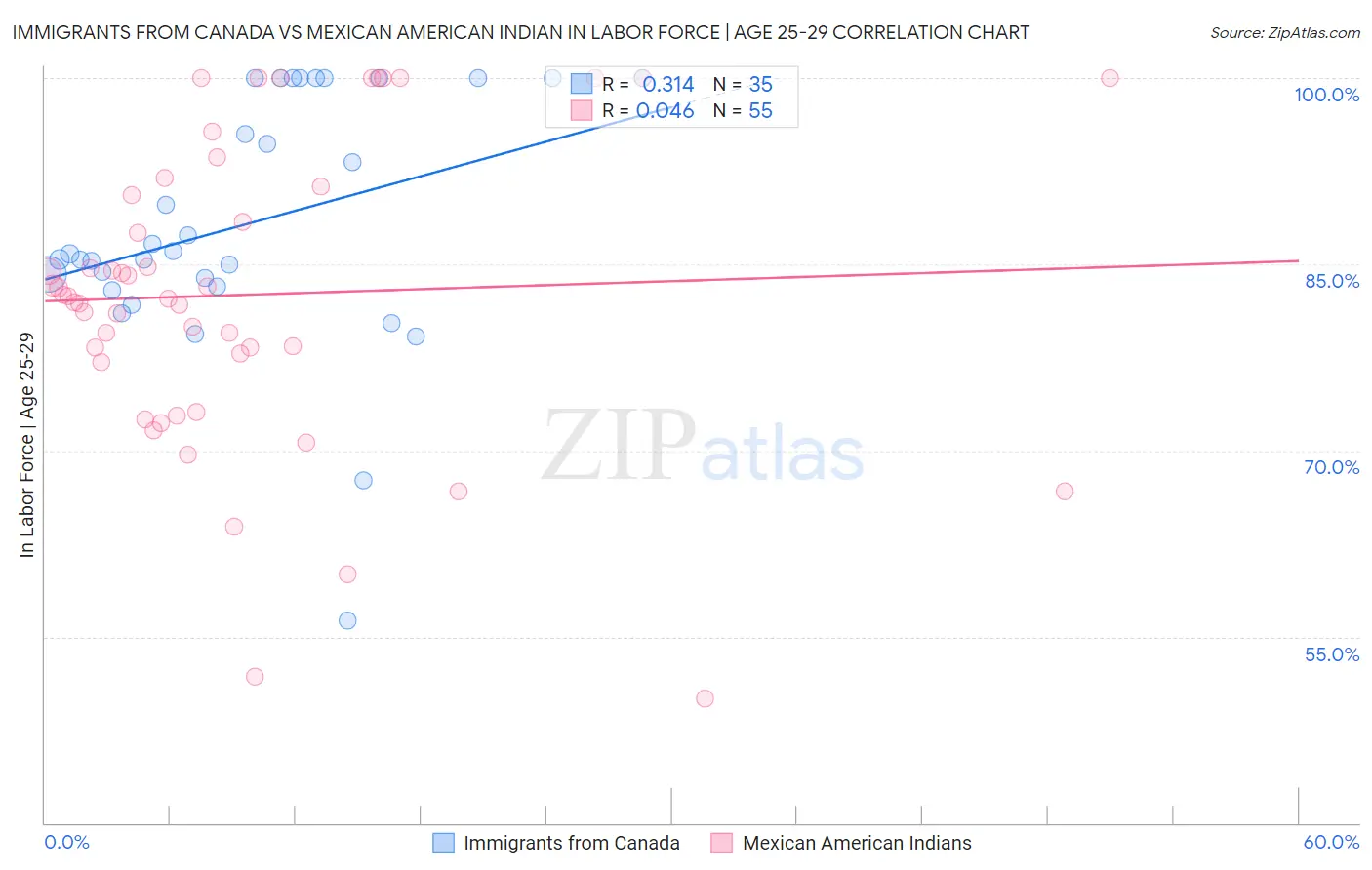 Immigrants from Canada vs Mexican American Indian In Labor Force | Age 25-29
