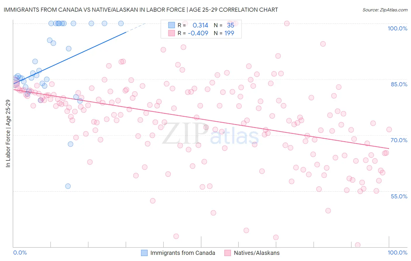 Immigrants from Canada vs Native/Alaskan In Labor Force | Age 25-29