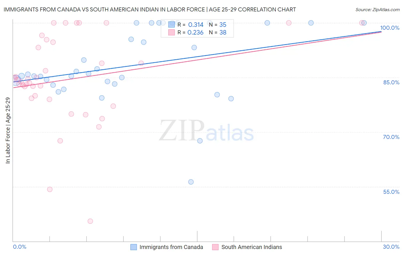 Immigrants from Canada vs South American Indian In Labor Force | Age 25-29