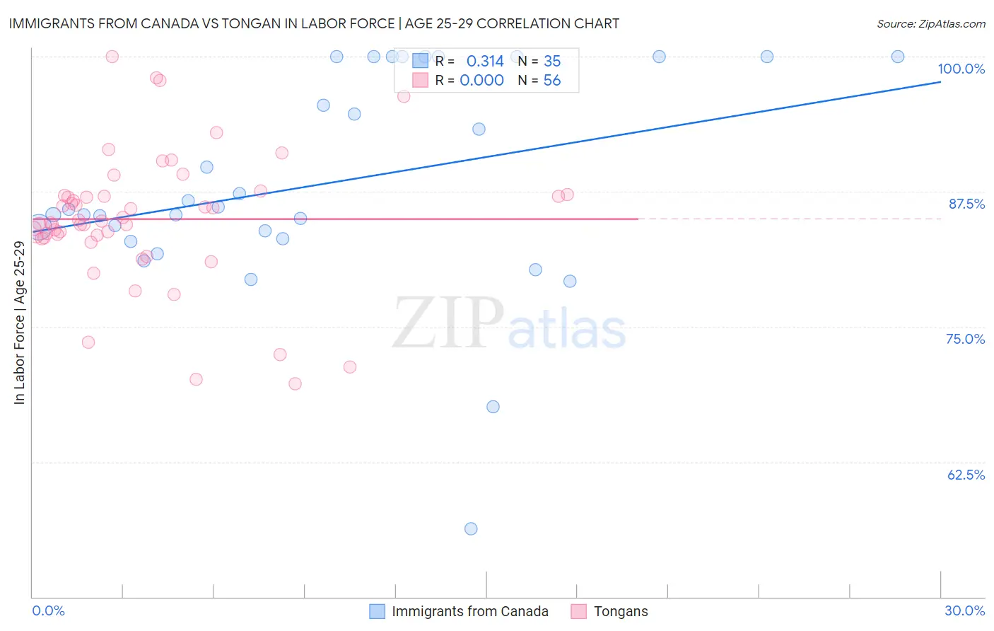 Immigrants from Canada vs Tongan In Labor Force | Age 25-29