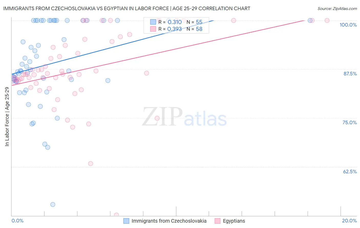 Immigrants from Czechoslovakia vs Egyptian In Labor Force | Age 25-29
