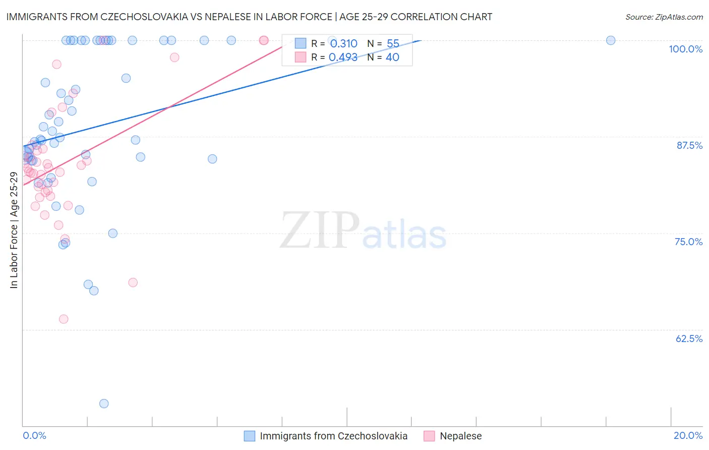 Immigrants from Czechoslovakia vs Nepalese In Labor Force | Age 25-29