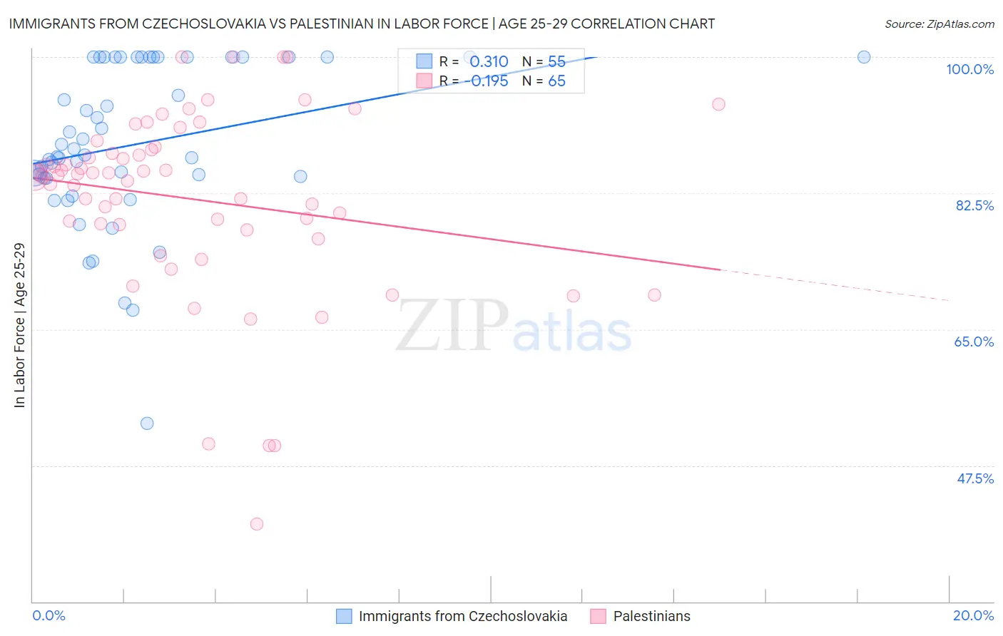 Immigrants from Czechoslovakia vs Palestinian In Labor Force | Age 25-29