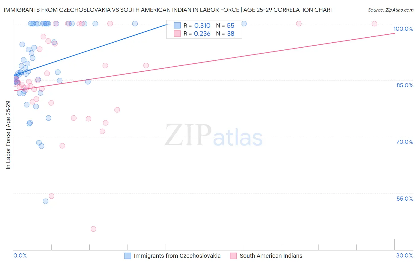 Immigrants from Czechoslovakia vs South American Indian In Labor Force | Age 25-29