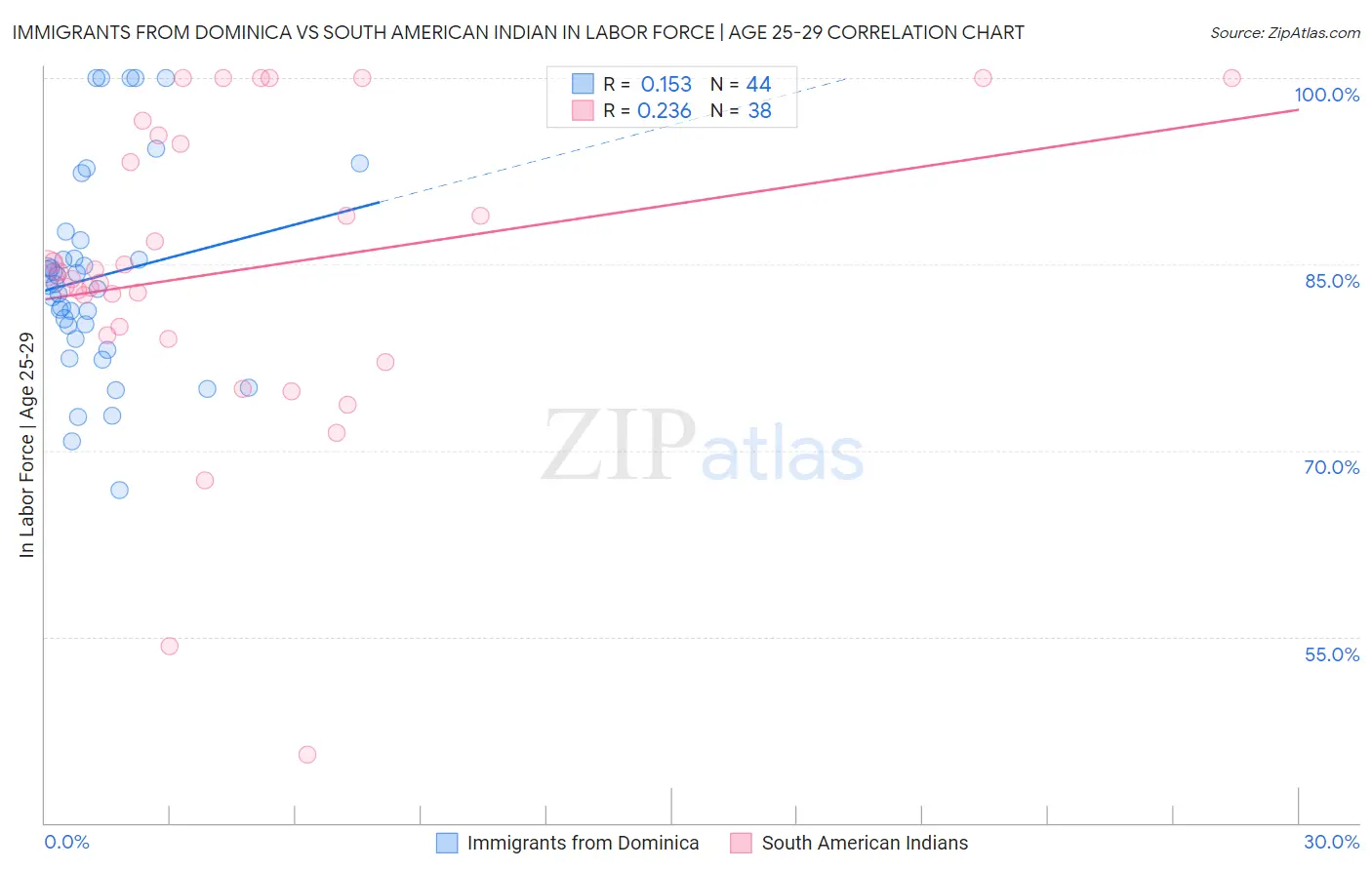 Immigrants from Dominica vs South American Indian In Labor Force | Age 25-29