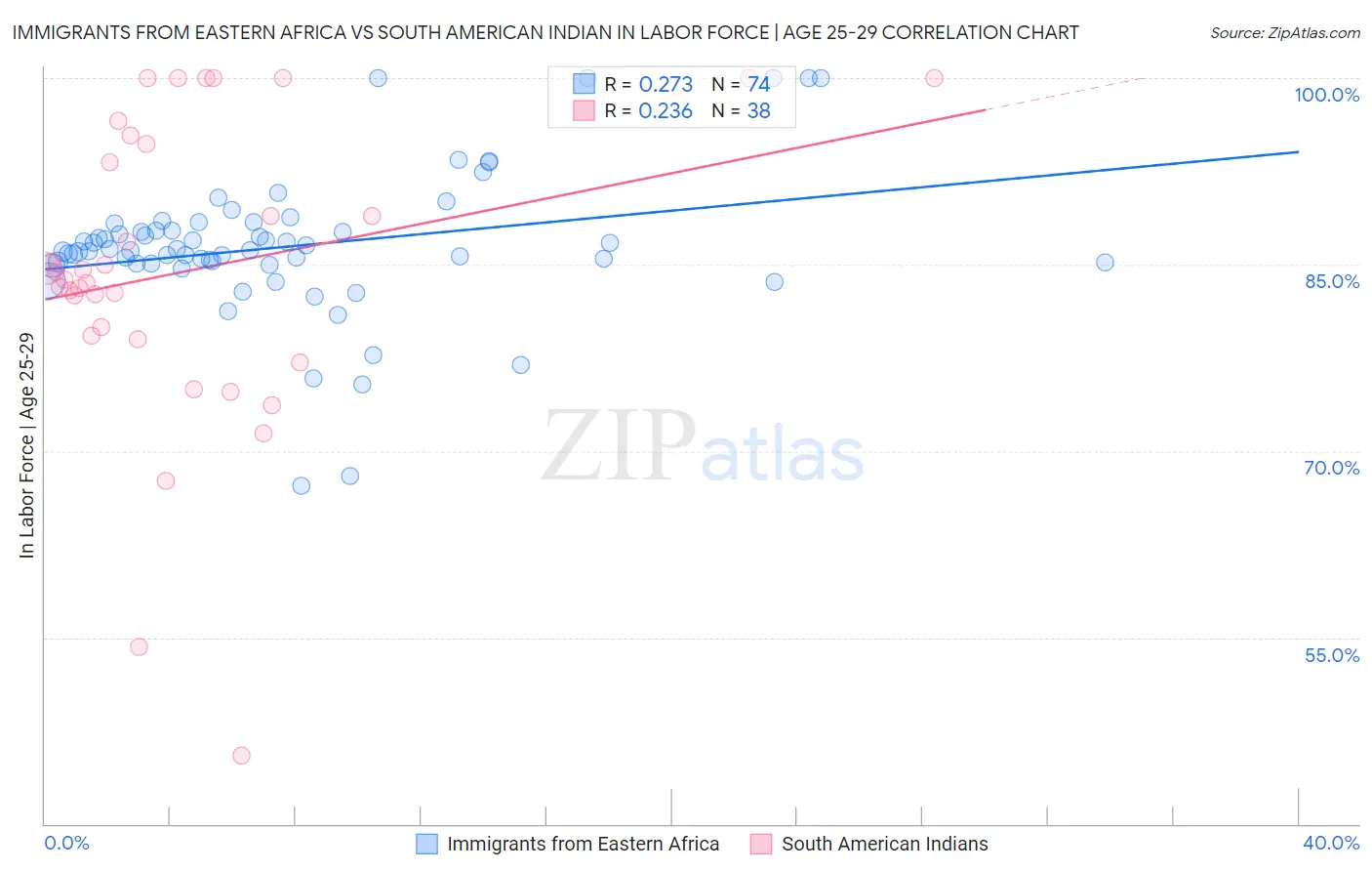 Immigrants from Eastern Africa vs South American Indian In Labor Force | Age 25-29