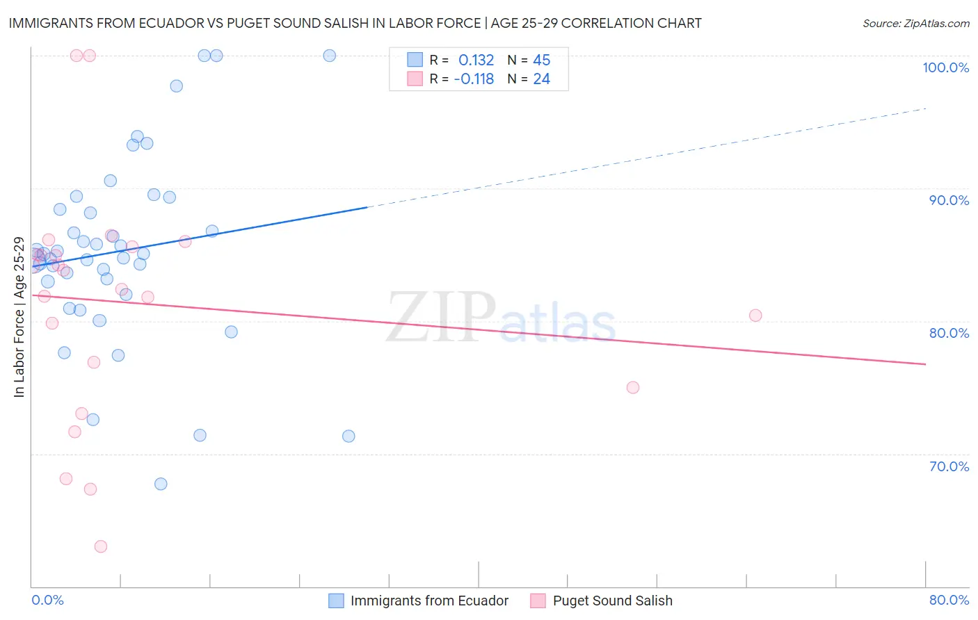 Immigrants from Ecuador vs Puget Sound Salish In Labor Force | Age 25-29
