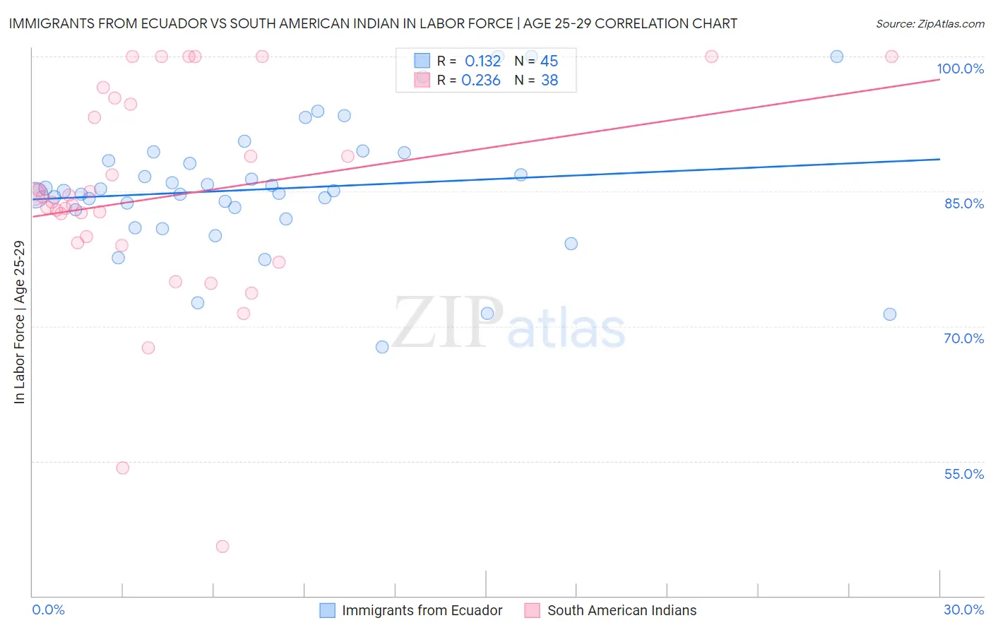 Immigrants from Ecuador vs South American Indian In Labor Force | Age 25-29