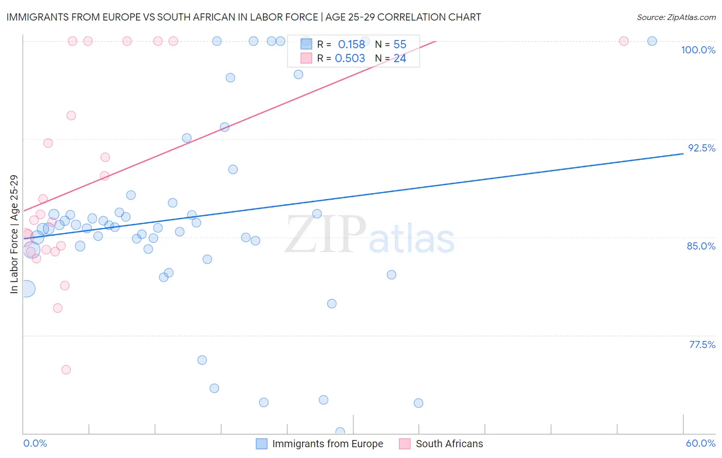Immigrants from Europe vs South African In Labor Force | Age 25-29