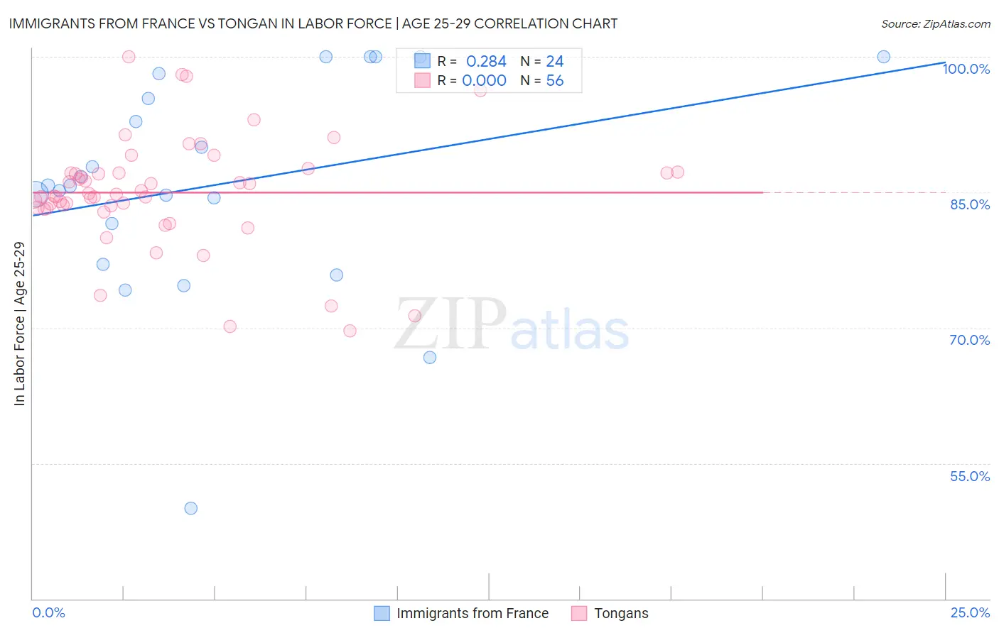 Immigrants from France vs Tongan In Labor Force | Age 25-29