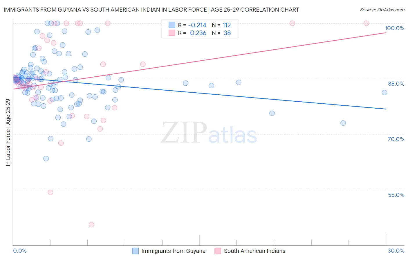 Immigrants from Guyana vs South American Indian In Labor Force | Age 25-29