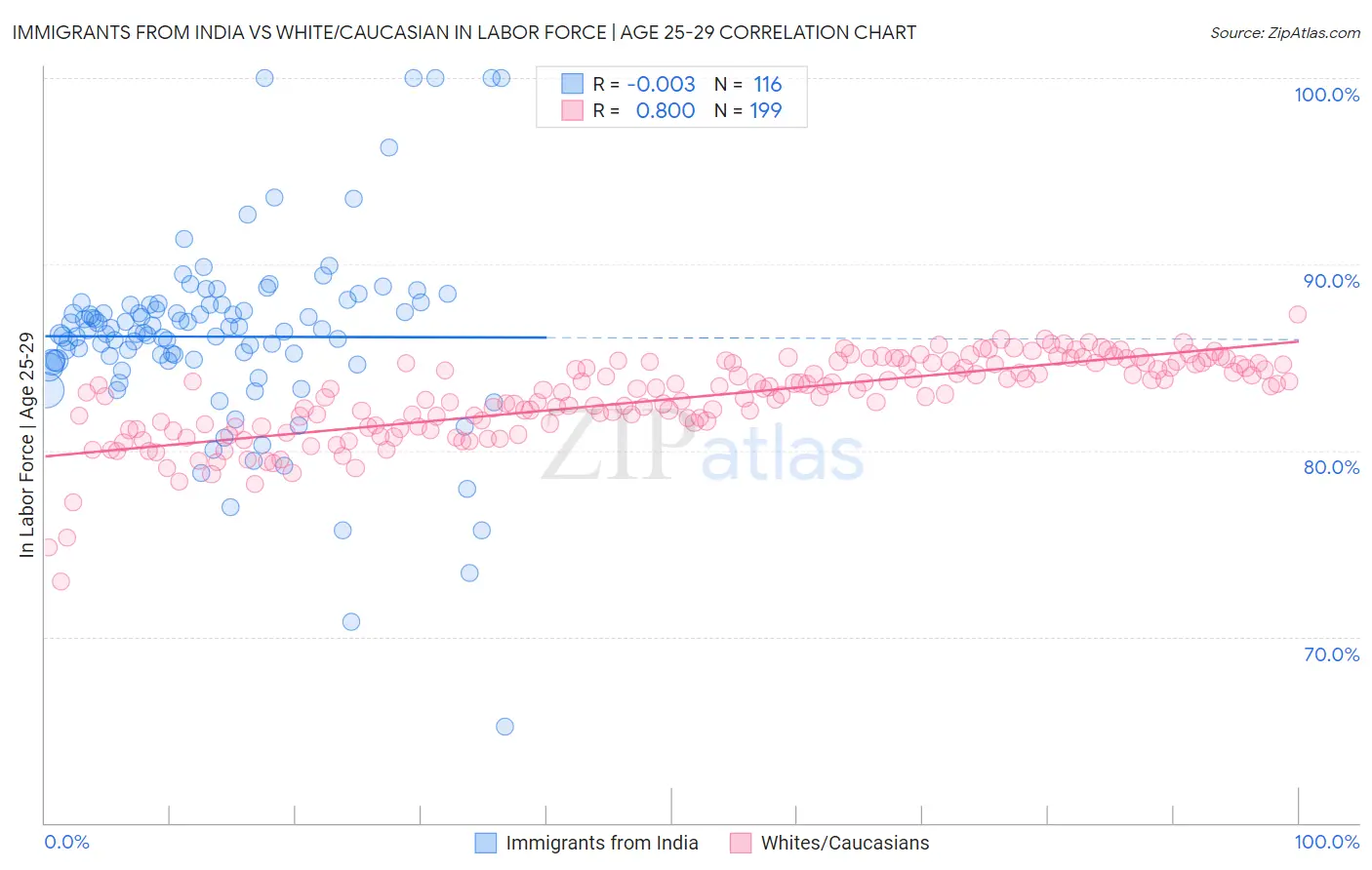 Immigrants from India vs White/Caucasian In Labor Force | Age 25-29