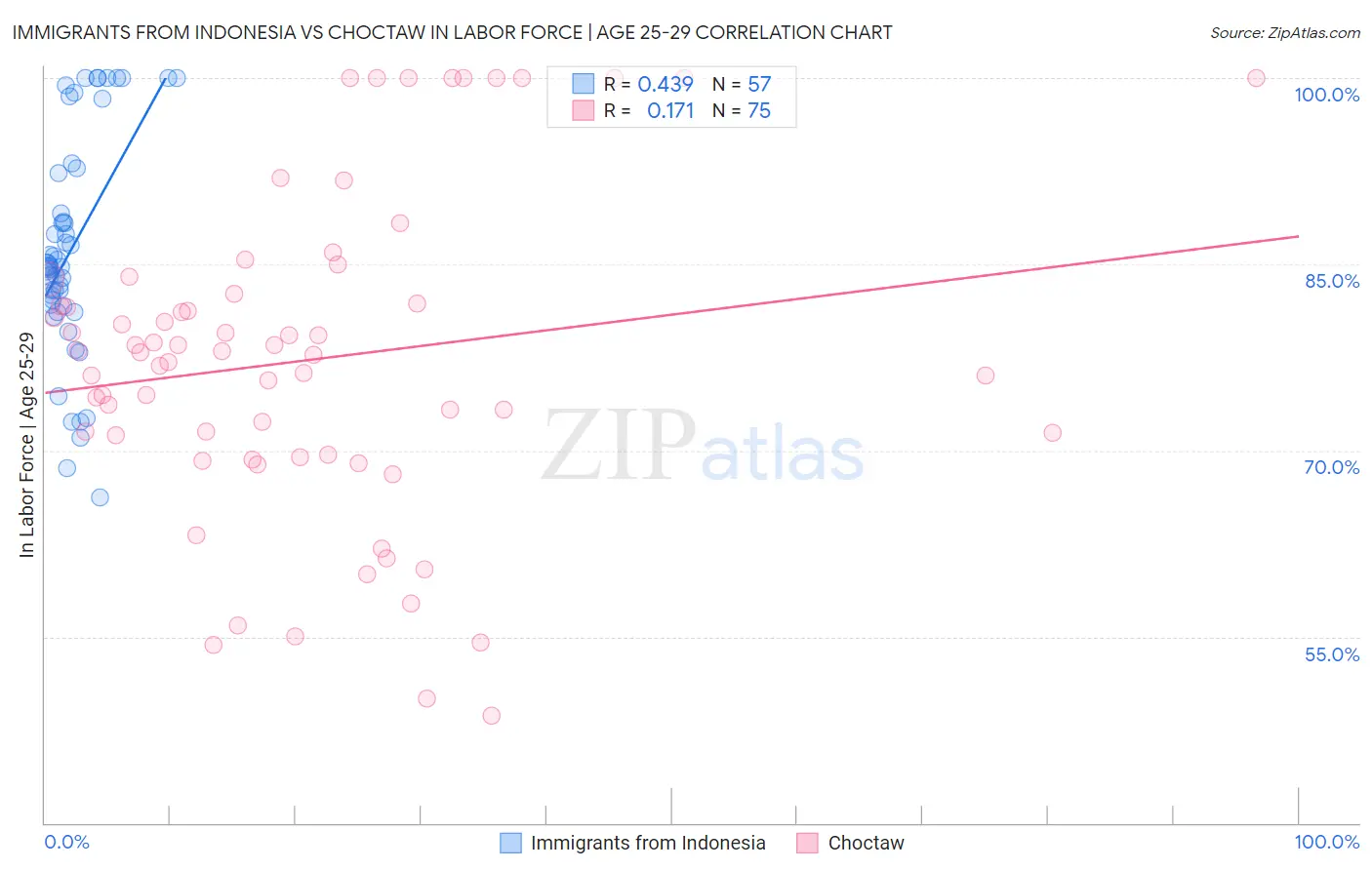 Immigrants from Indonesia vs Choctaw In Labor Force | Age 25-29