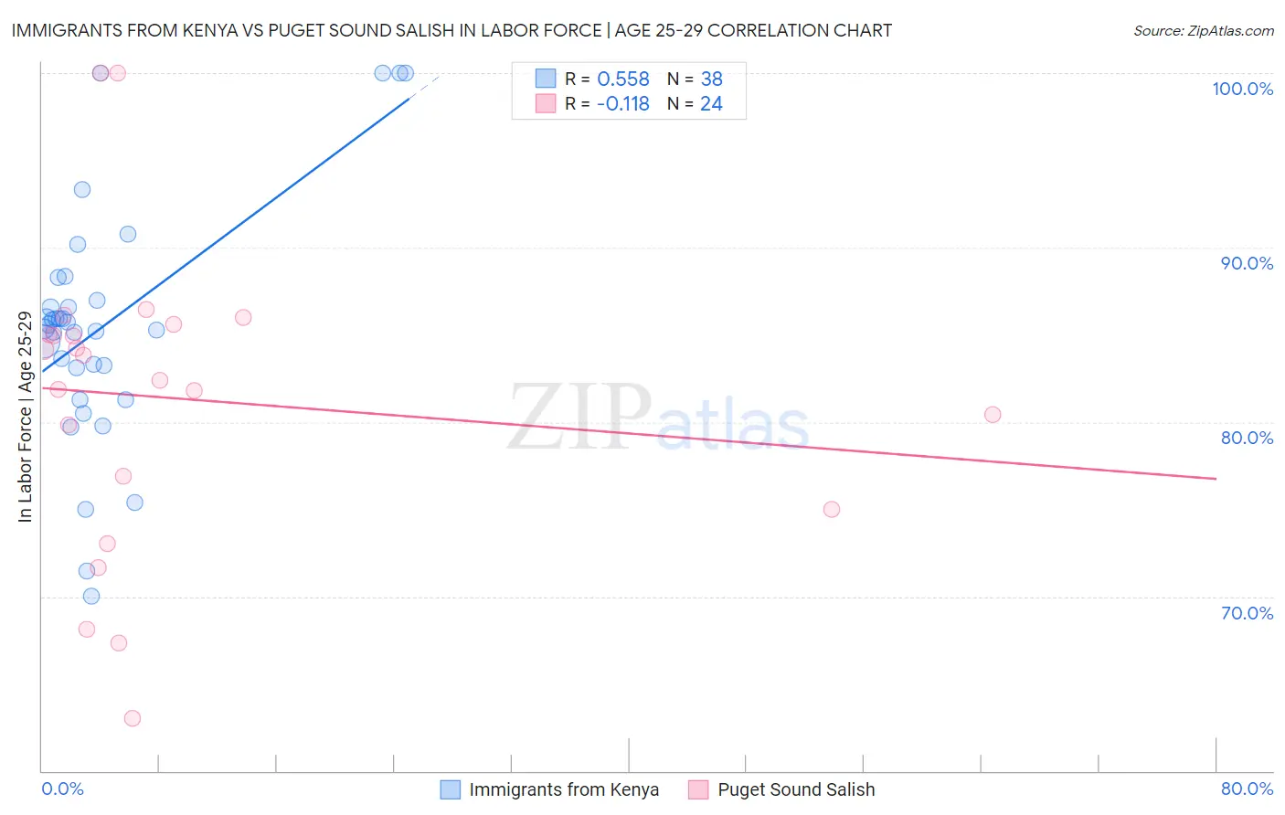 Immigrants from Kenya vs Puget Sound Salish In Labor Force | Age 25-29