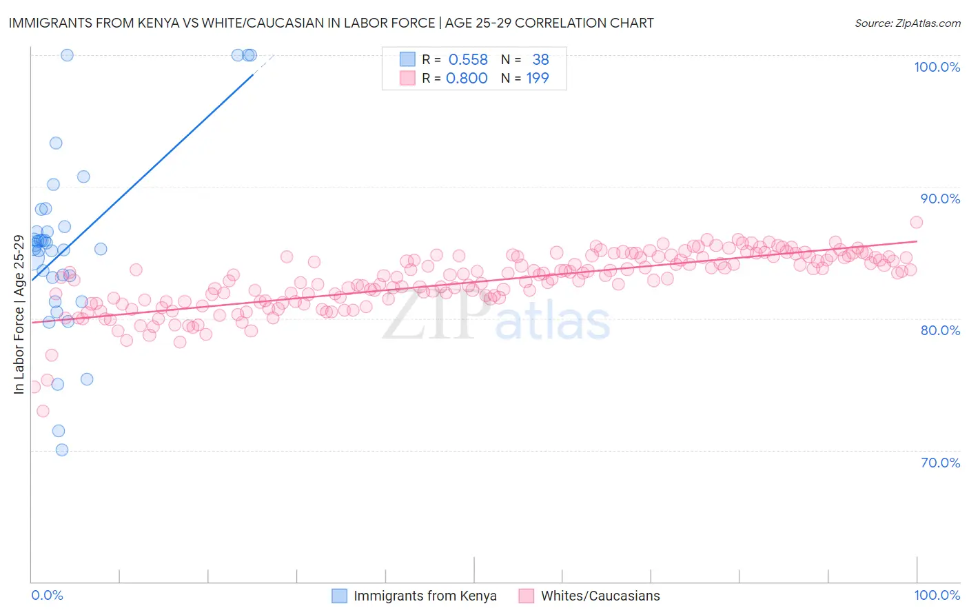 Immigrants from Kenya vs White/Caucasian In Labor Force | Age 25-29