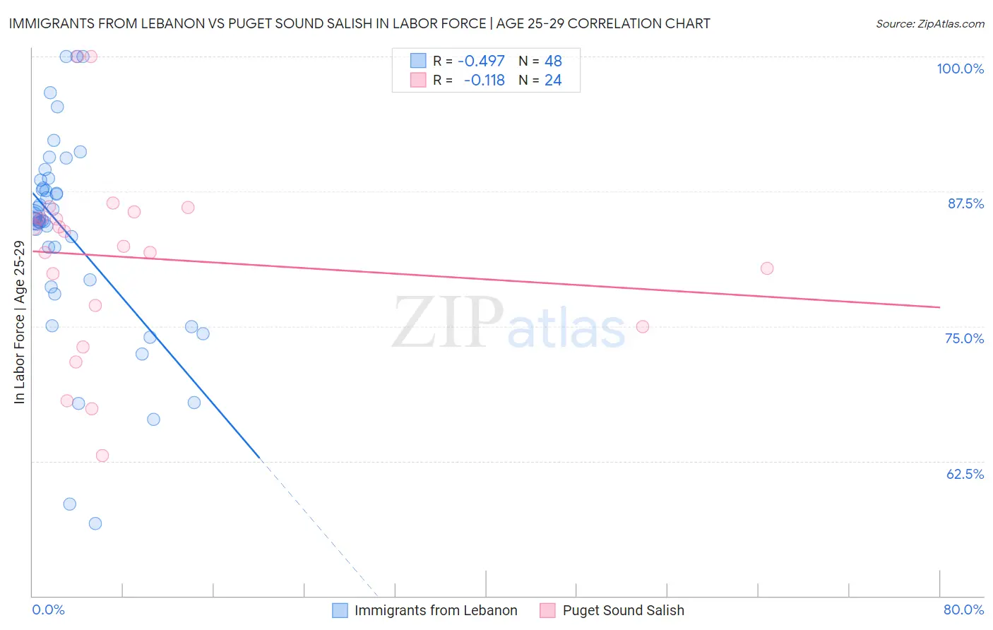 Immigrants from Lebanon vs Puget Sound Salish In Labor Force | Age 25-29