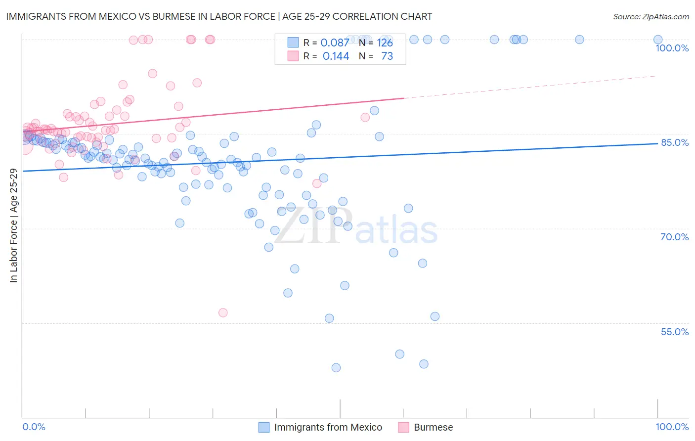 Immigrants from Mexico vs Burmese In Labor Force | Age 25-29