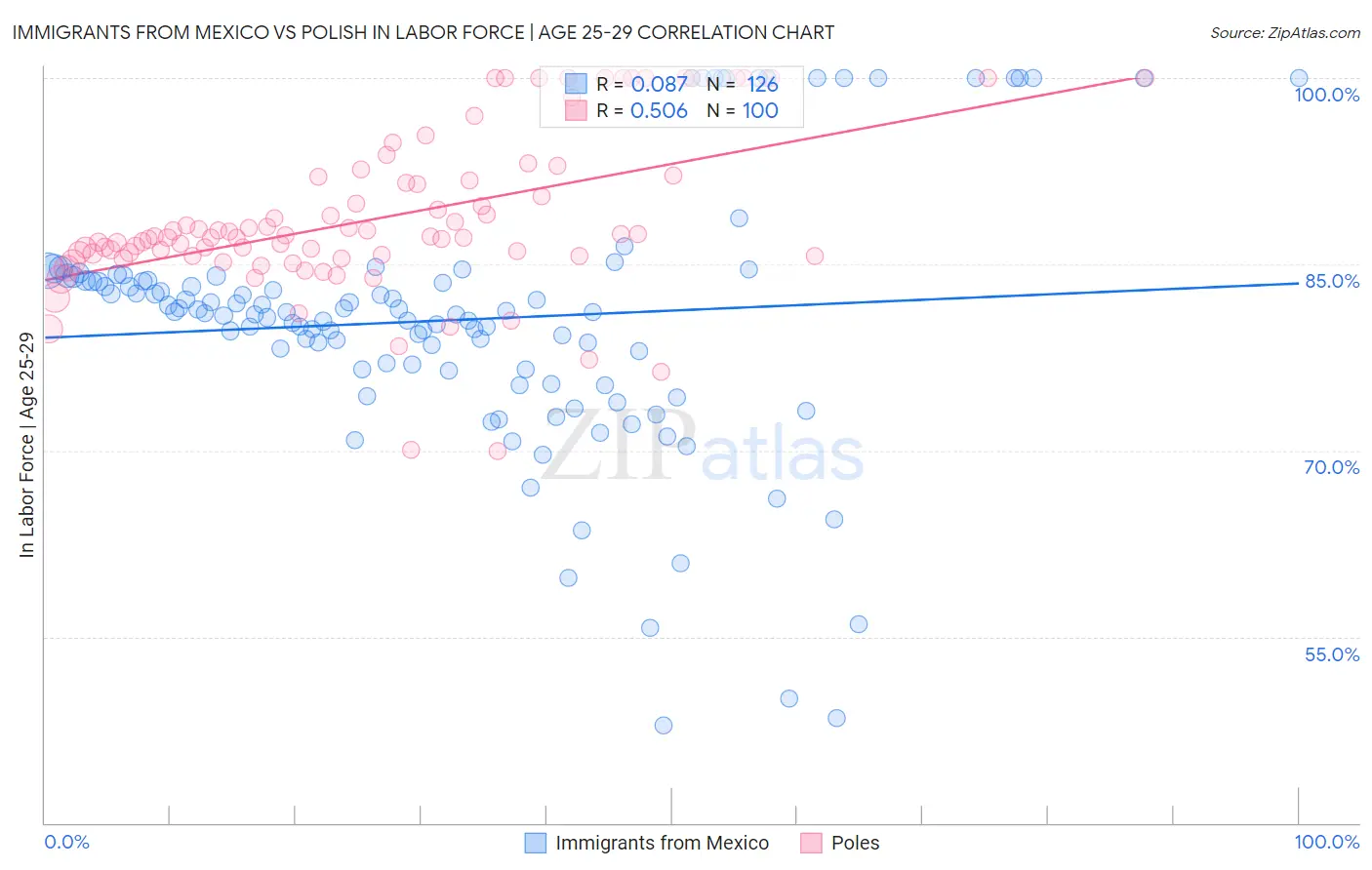 Immigrants from Mexico vs Polish In Labor Force | Age 25-29