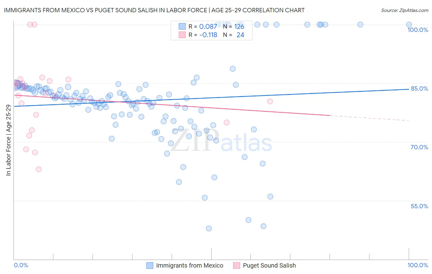 Immigrants from Mexico vs Puget Sound Salish In Labor Force | Age 25-29