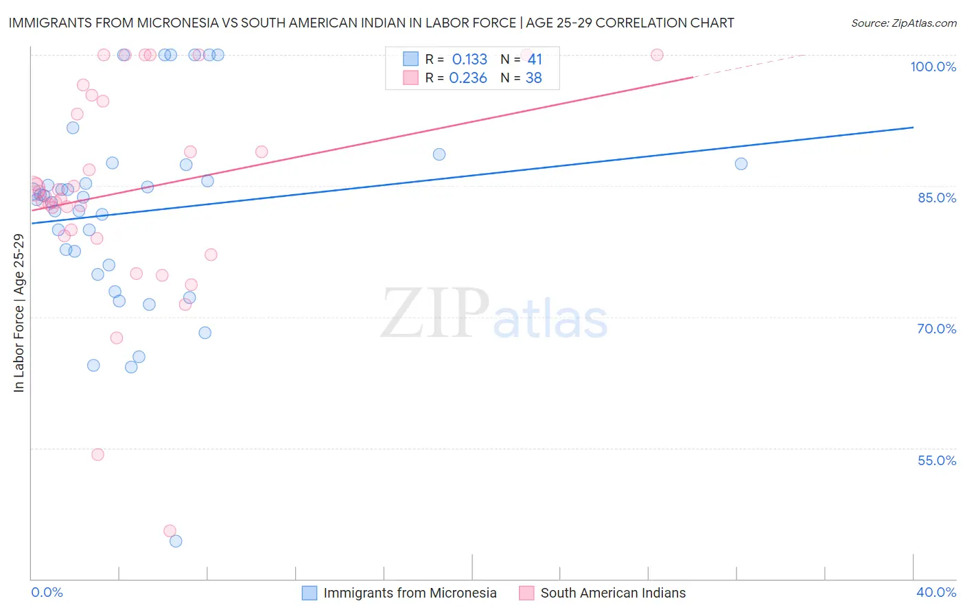 Immigrants from Micronesia vs South American Indian In Labor Force | Age 25-29