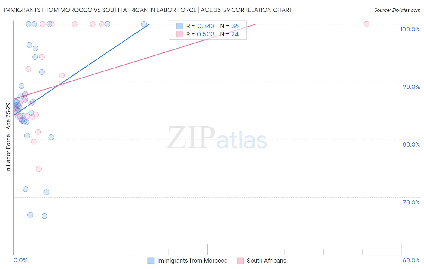 Immigrants from Morocco vs South African In Labor Force | Age 25-29