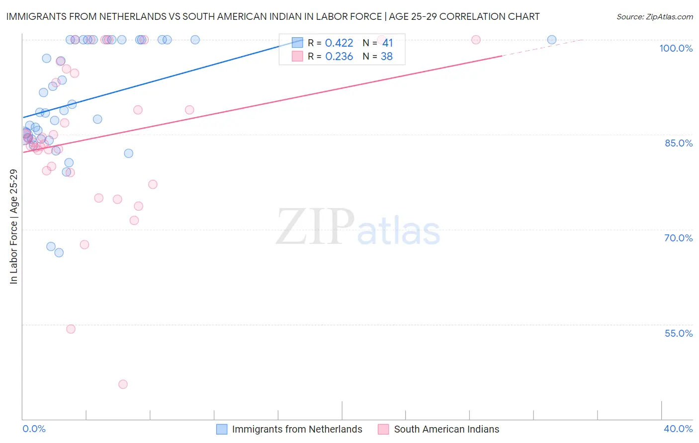 Immigrants from Netherlands vs South American Indian In Labor Force | Age 25-29