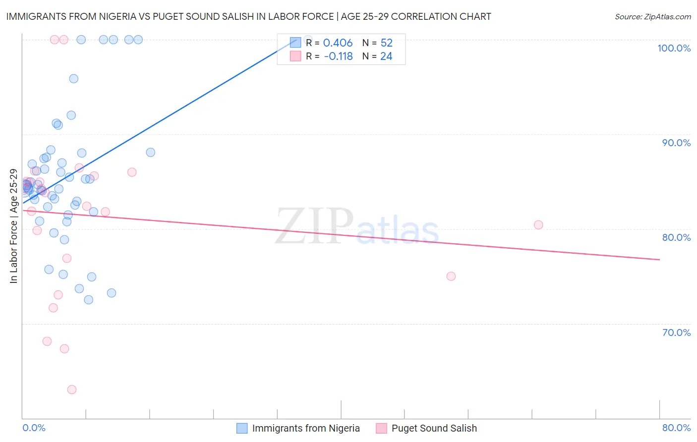Immigrants from Nigeria vs Puget Sound Salish In Labor Force | Age 25-29