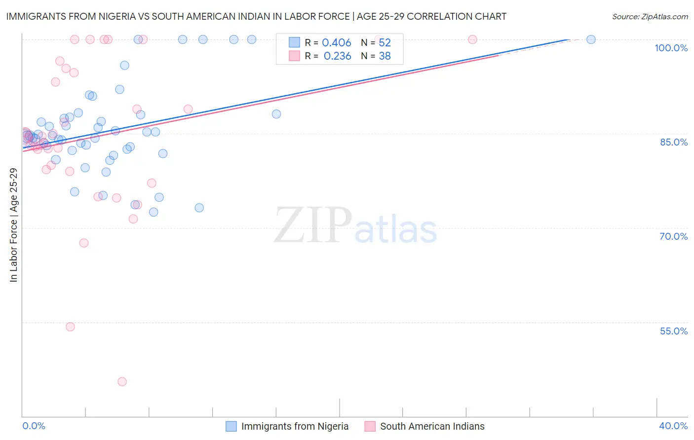 Immigrants from Nigeria vs South American Indian In Labor Force | Age 25-29