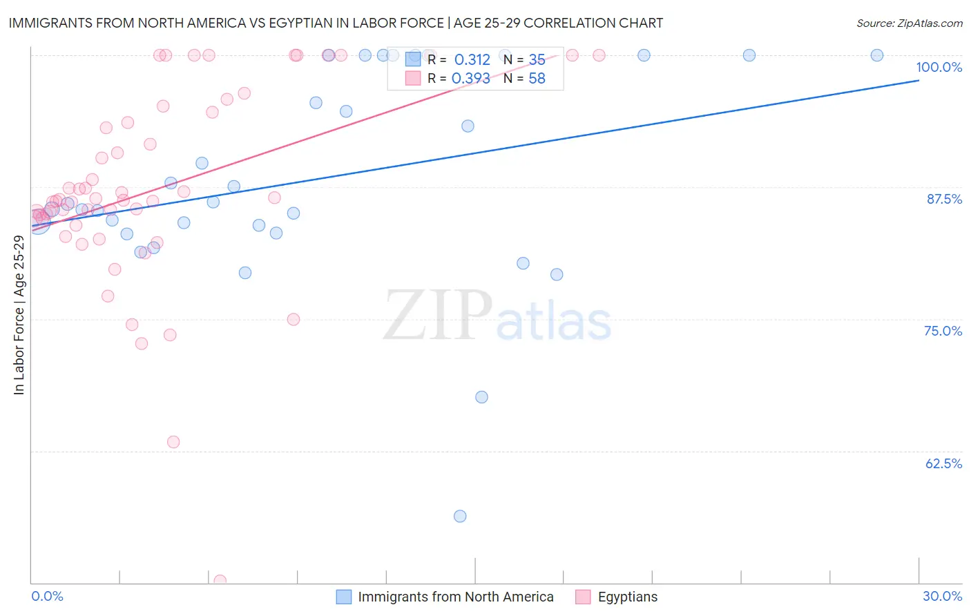Immigrants from North America vs Egyptian In Labor Force | Age 25-29