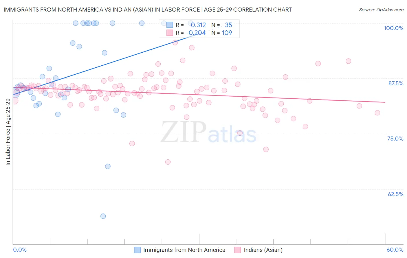 Immigrants from North America vs Indian (Asian) In Labor Force | Age 25-29