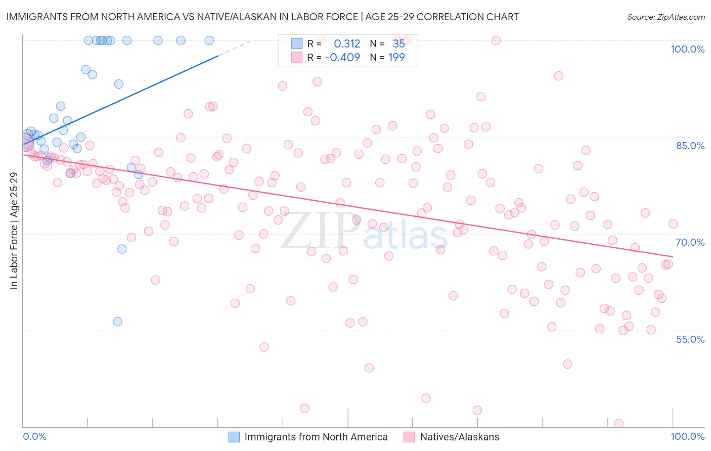 Immigrants from North America vs Native/Alaskan In Labor Force | Age 25-29