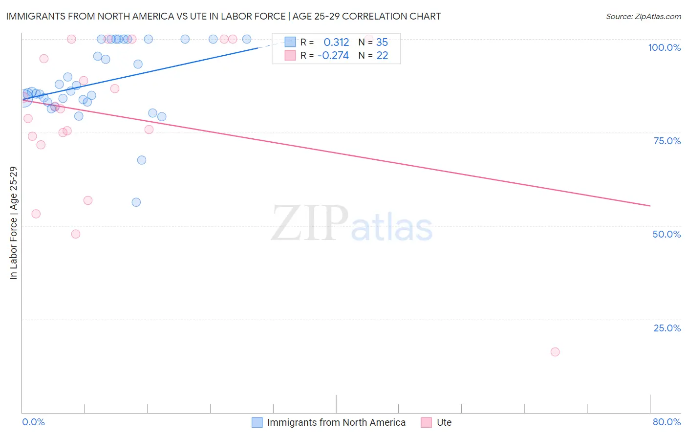 Immigrants from North America vs Ute In Labor Force | Age 25-29