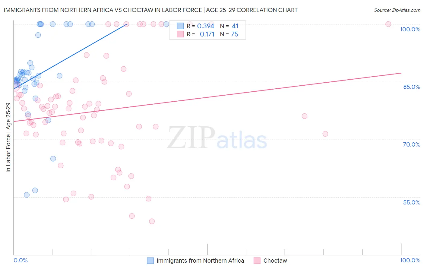 Immigrants from Northern Africa vs Choctaw In Labor Force | Age 25-29