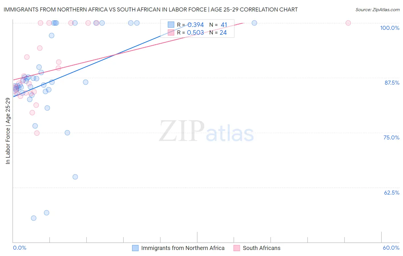 Immigrants from Northern Africa vs South African In Labor Force | Age 25-29