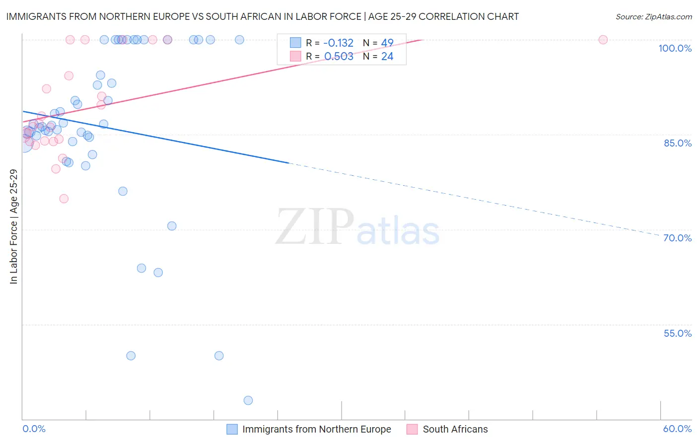 Immigrants from Northern Europe vs South African In Labor Force | Age 25-29