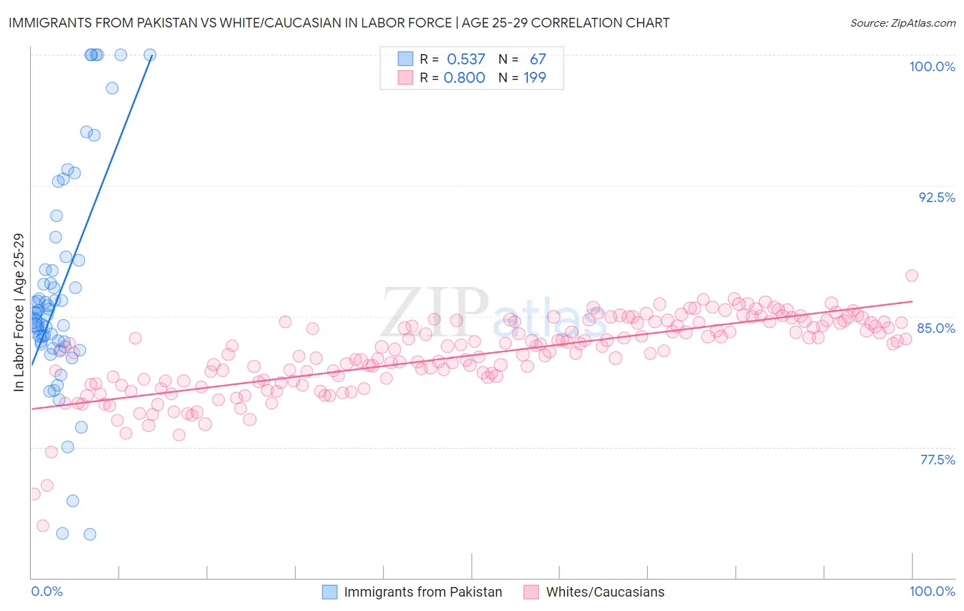 Immigrants from Pakistan vs White/Caucasian In Labor Force | Age 25-29