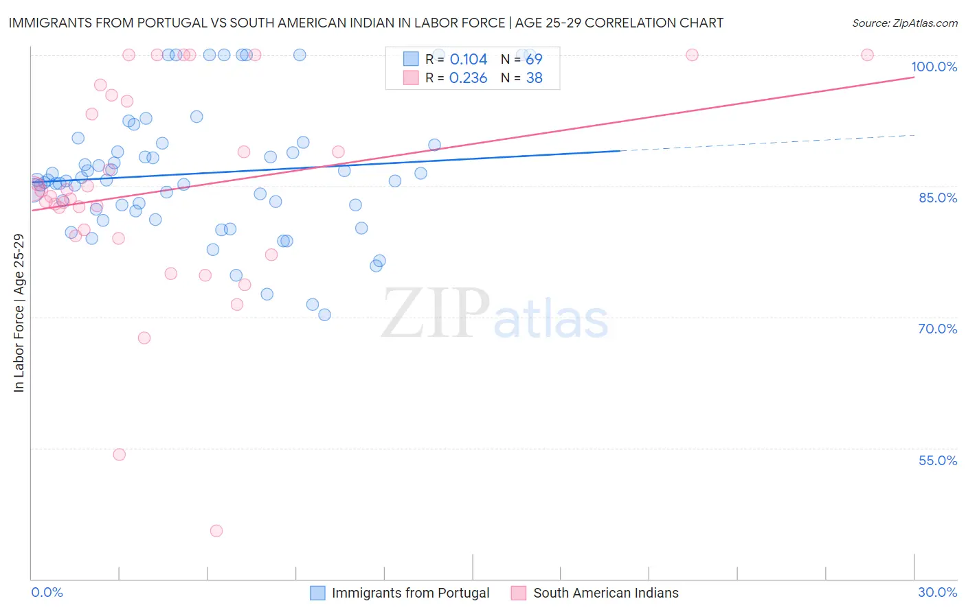 Immigrants from Portugal vs South American Indian In Labor Force | Age 25-29