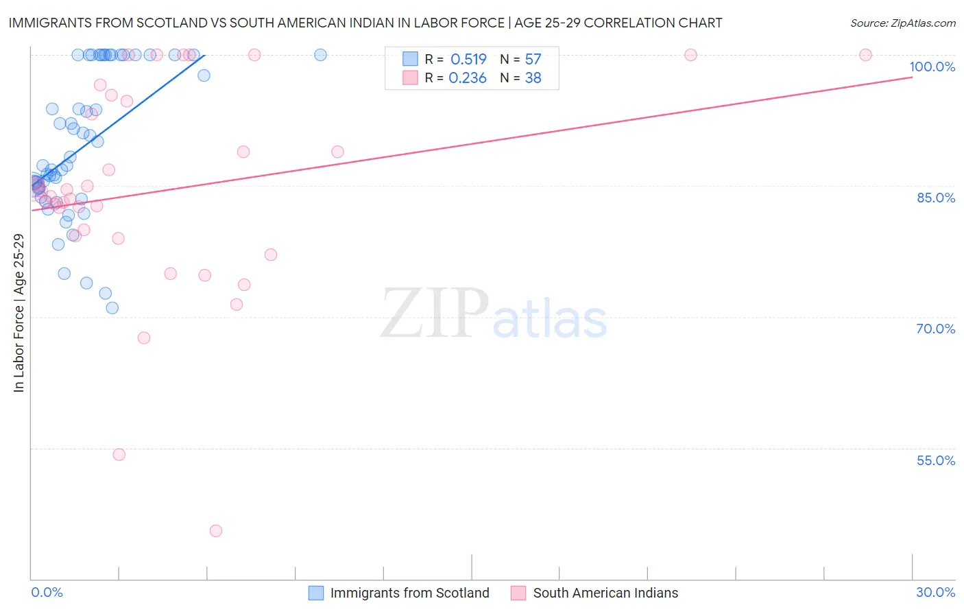 Immigrants from Scotland vs South American Indian In Labor Force | Age 25-29