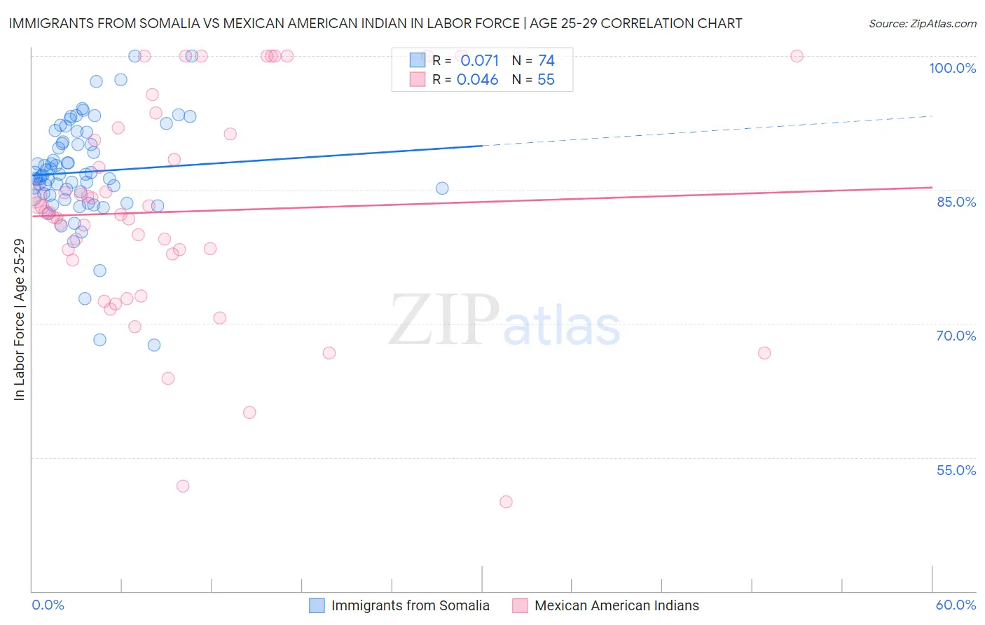 Immigrants from Somalia vs Mexican American Indian In Labor Force | Age 25-29