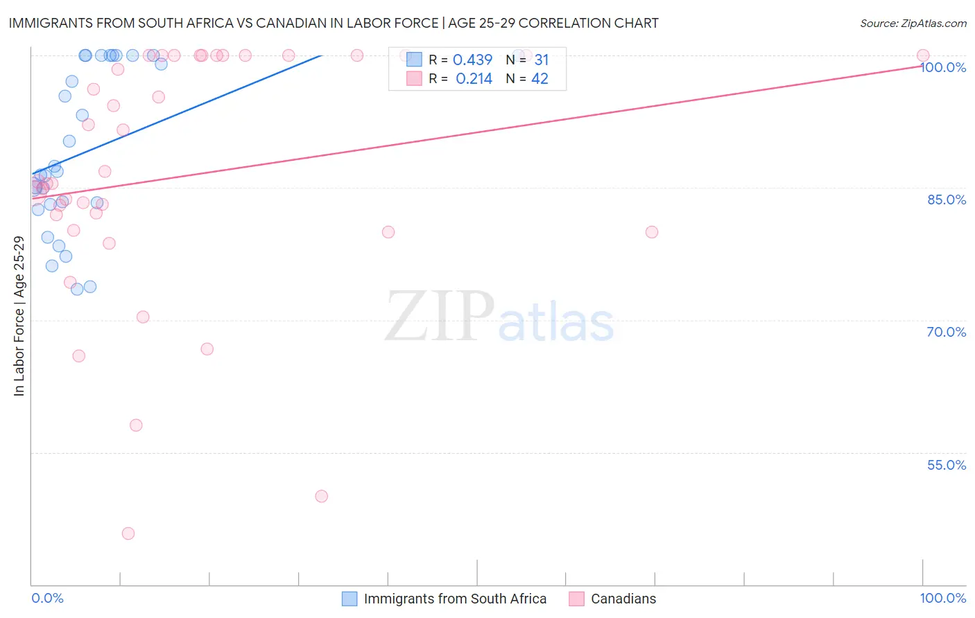 Immigrants from South Africa vs Canadian In Labor Force | Age 25-29