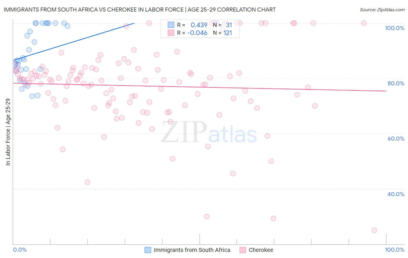 Immigrants from South Africa vs Cherokee In Labor Force | Age 25-29